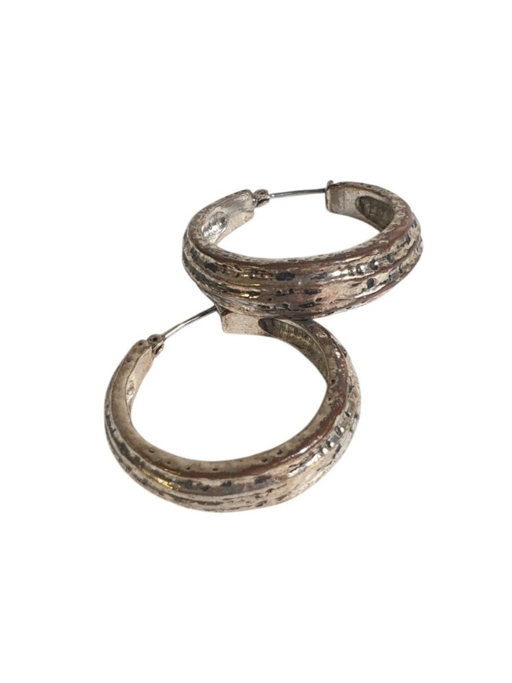 Vintage Silver Tone Hoop Earrings Textured Hinged Clasp Retro Style Jewelry